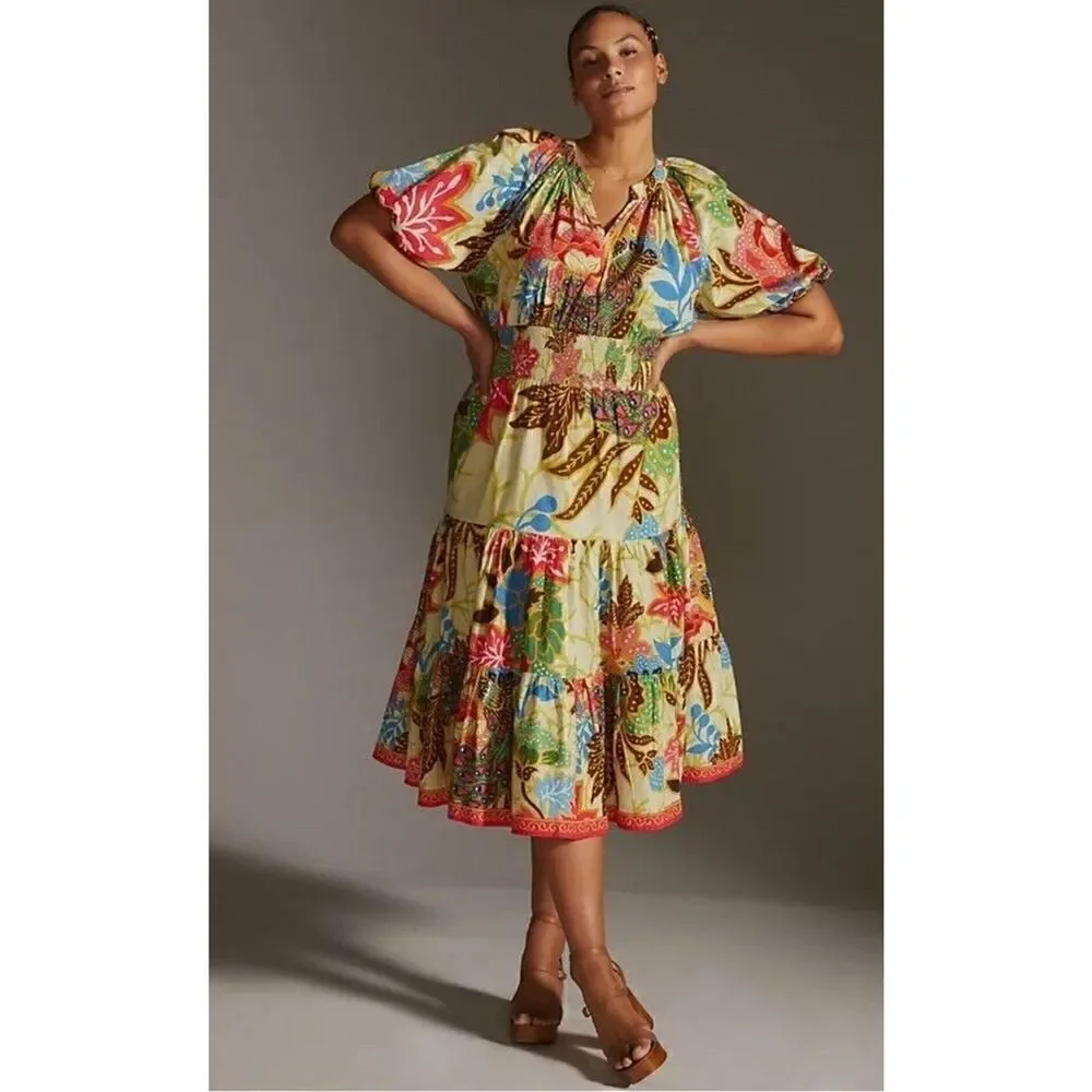 Anthropologie x Conditions Apply Puff-Sleeved Midi Dress Multicolour sz 6 US